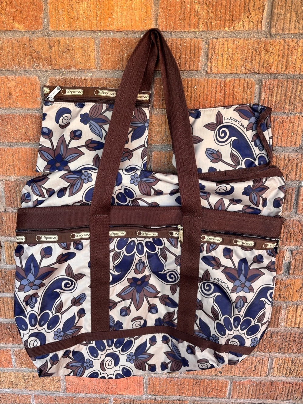 LeSportsac Tote Bag Large Travel Set Purse, Pouches Brown Blue Floral Matching